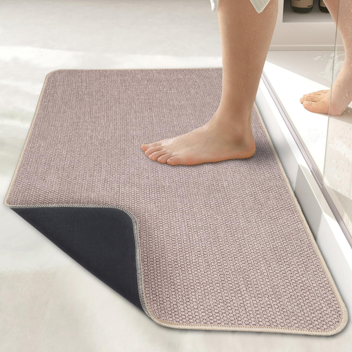 Bosap front view beige bath mat showing clean design and fast drying benefit
