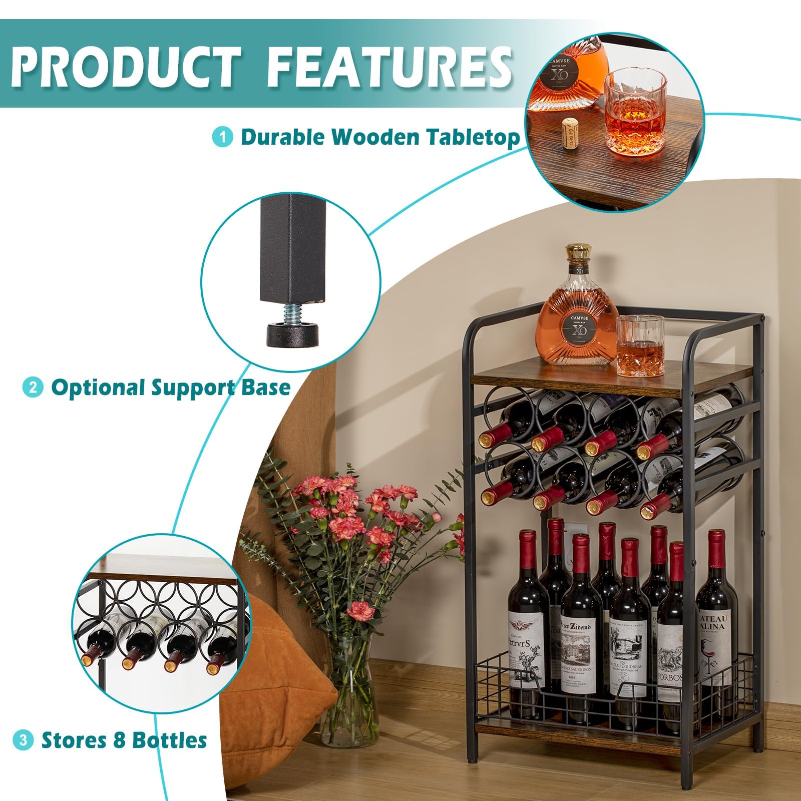 Bosimeca bottle next to rack shows scale and compact footprint