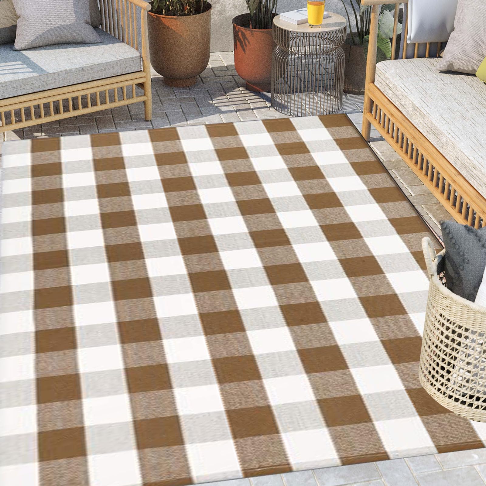 Bottalive rug front view showcasing brown and white check for stylish entry