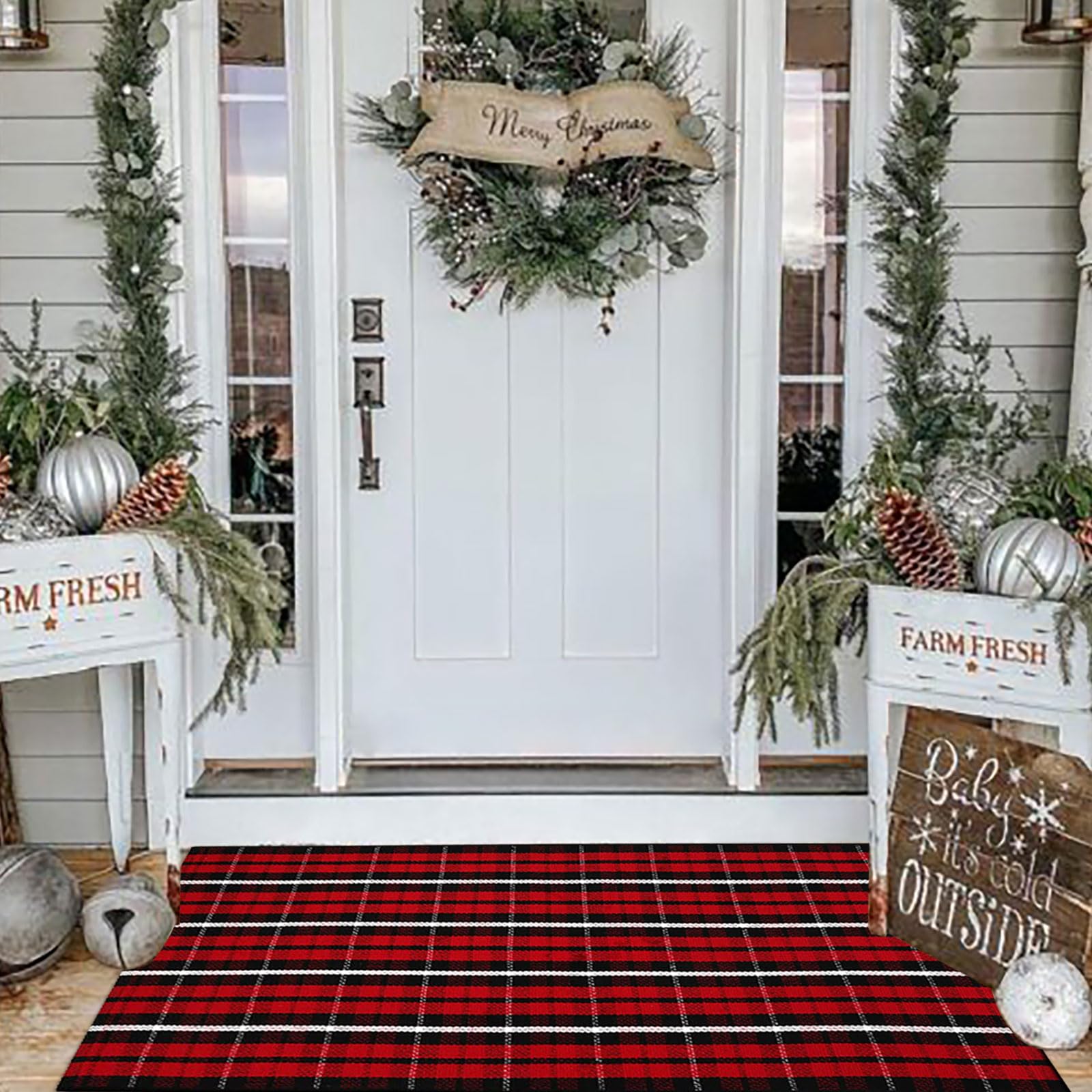 Bottalive front porch rug styled with planters, creates warm curb appeal