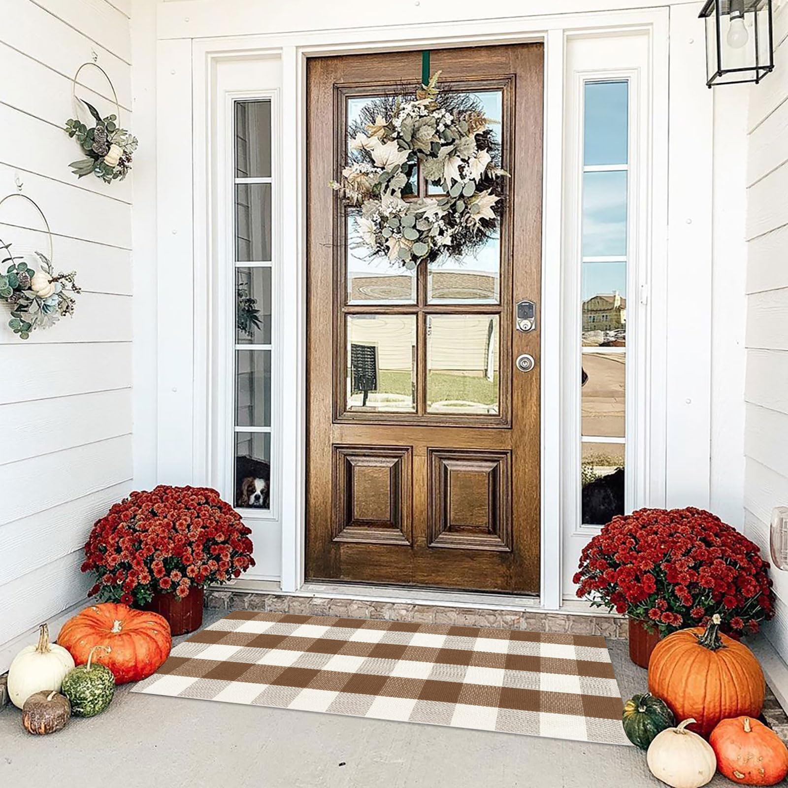 Bottalive front view brown white checkered rug adds welcoming curb appeal