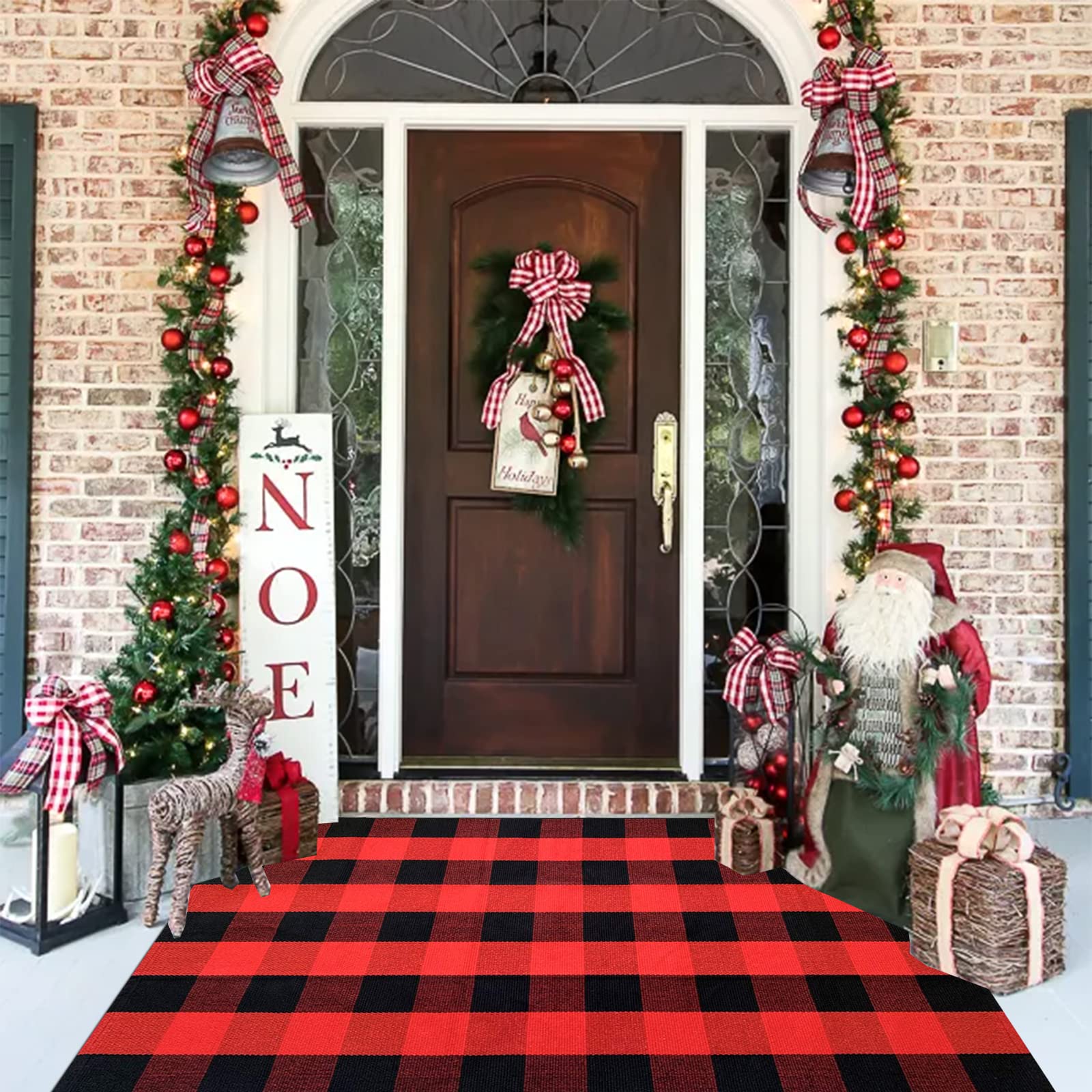 Bottalive front view of red and black plaid rug showing bold entrance style