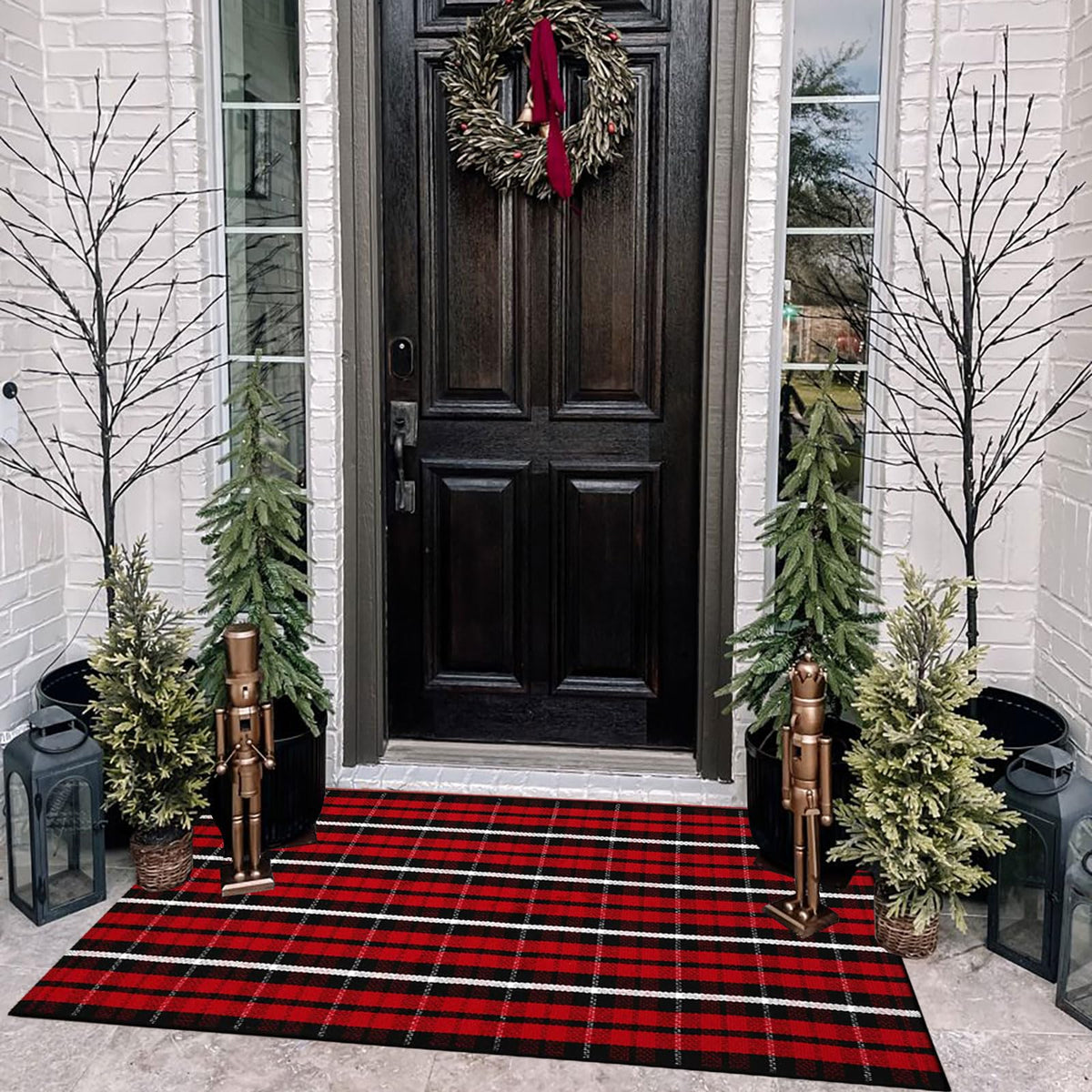Bottalive front view of red and black plaid rug showing welcoming entry