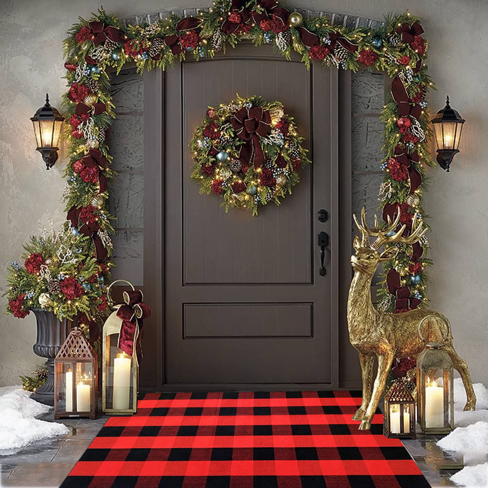 Bottalive rug layered with welcome mat for elegant porch styling