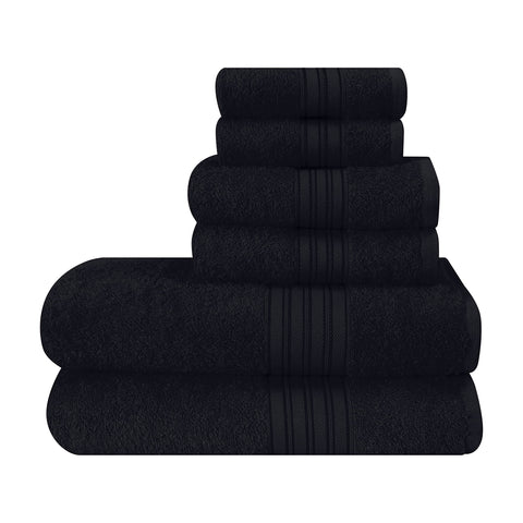 BOUTIQUO black 6-piece set front view showing bath towels, hand towels and washcloths for versatile use