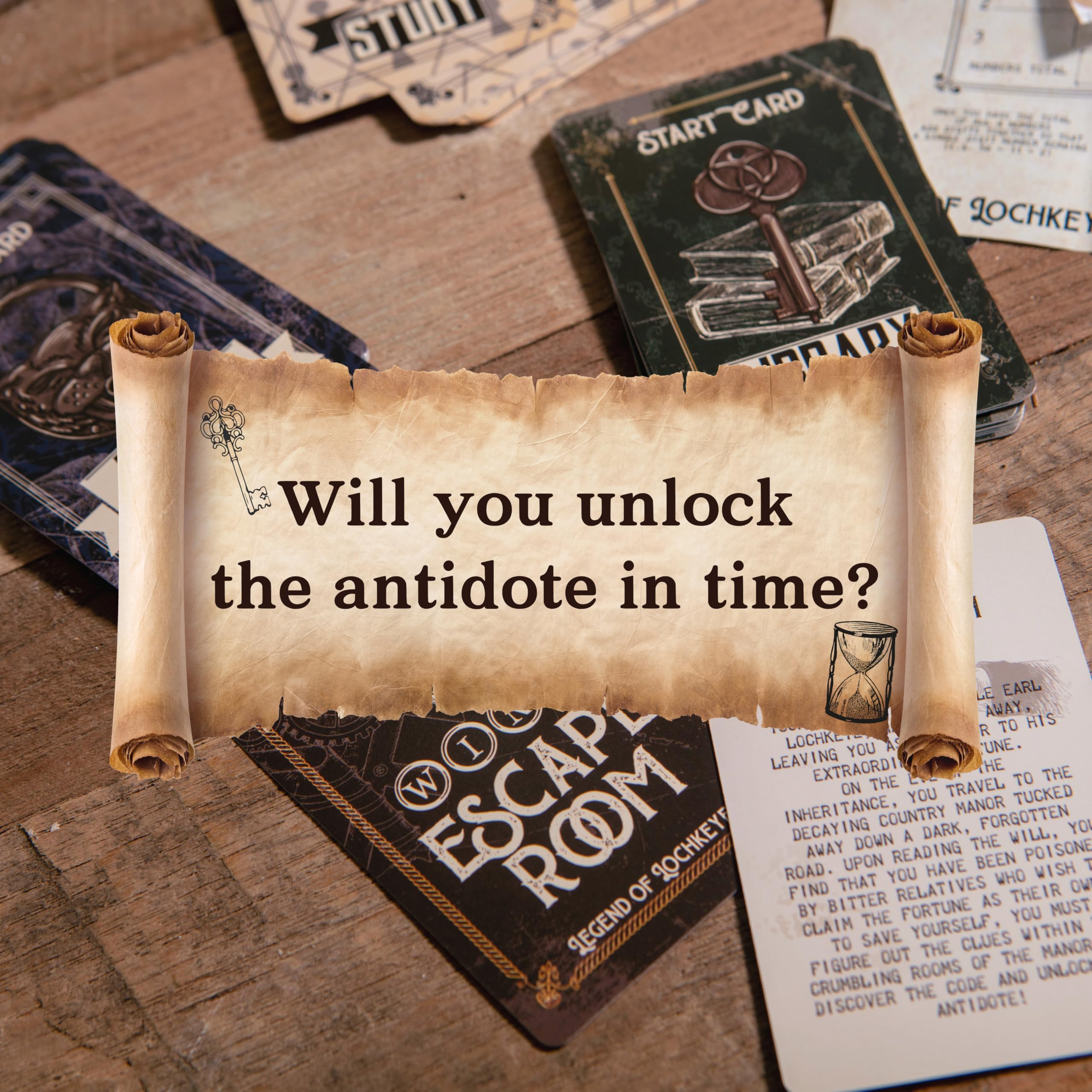 Boxer Gifts spread of 54 escape room cards and booklet for easy gameplay setup