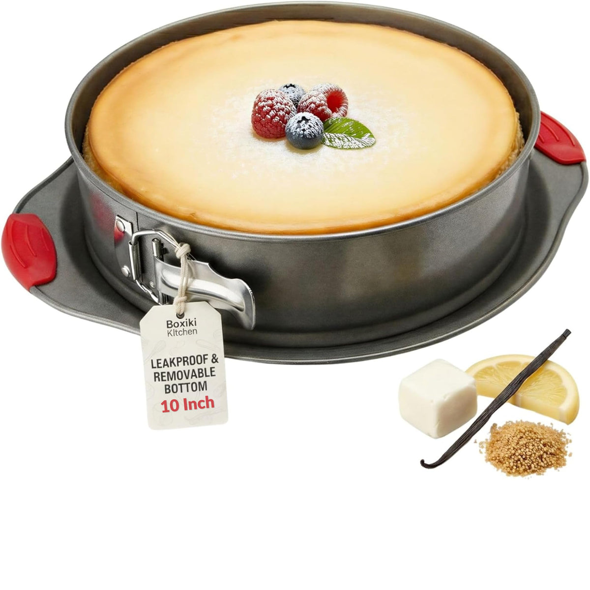Boxiki Kitchen front view of 10-inch springform pan showing clean rim and latch benefit neat baking