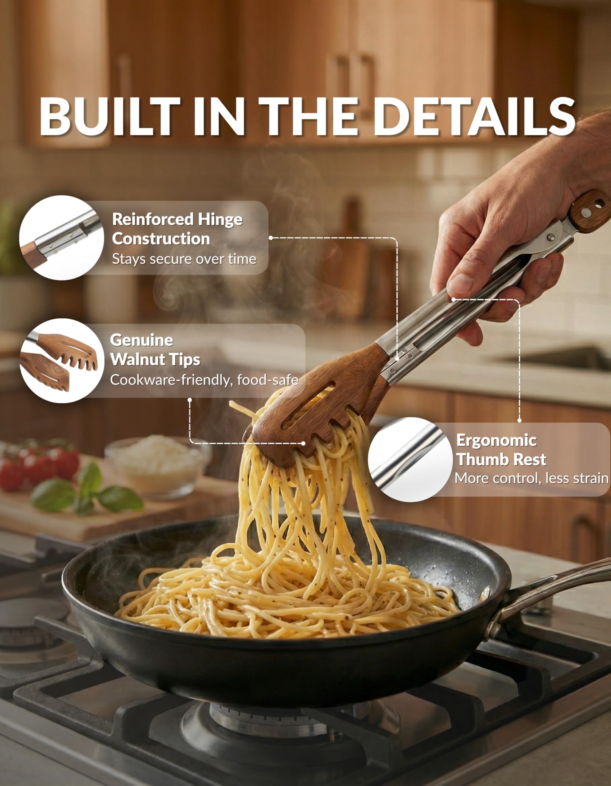 Boxiki Kitchen close-up of walnut tip highlighting grain and nonstick safety
