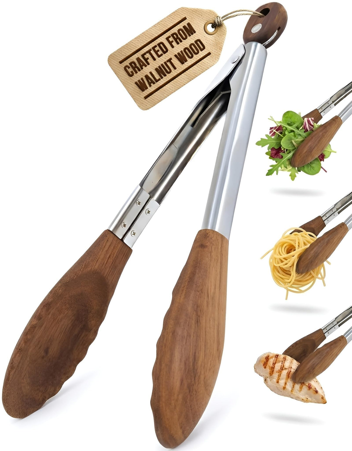 Boxiki Kitchen front packaging showing walnut tongs and benefits