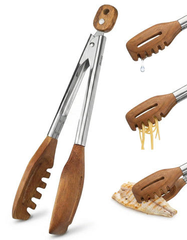Boxiki Kitchen front view of walnut 3-in-1 tongs showing design and benefits