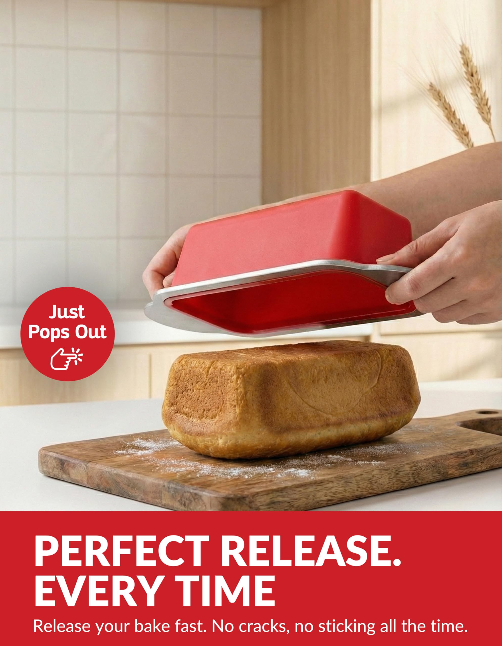Boxiki Kitchen loaf pan in oven with golden bread for even bake reliability