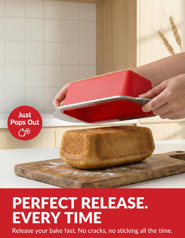 Boxiki Kitchen loaf pan in oven with golden bread for even bake reliability