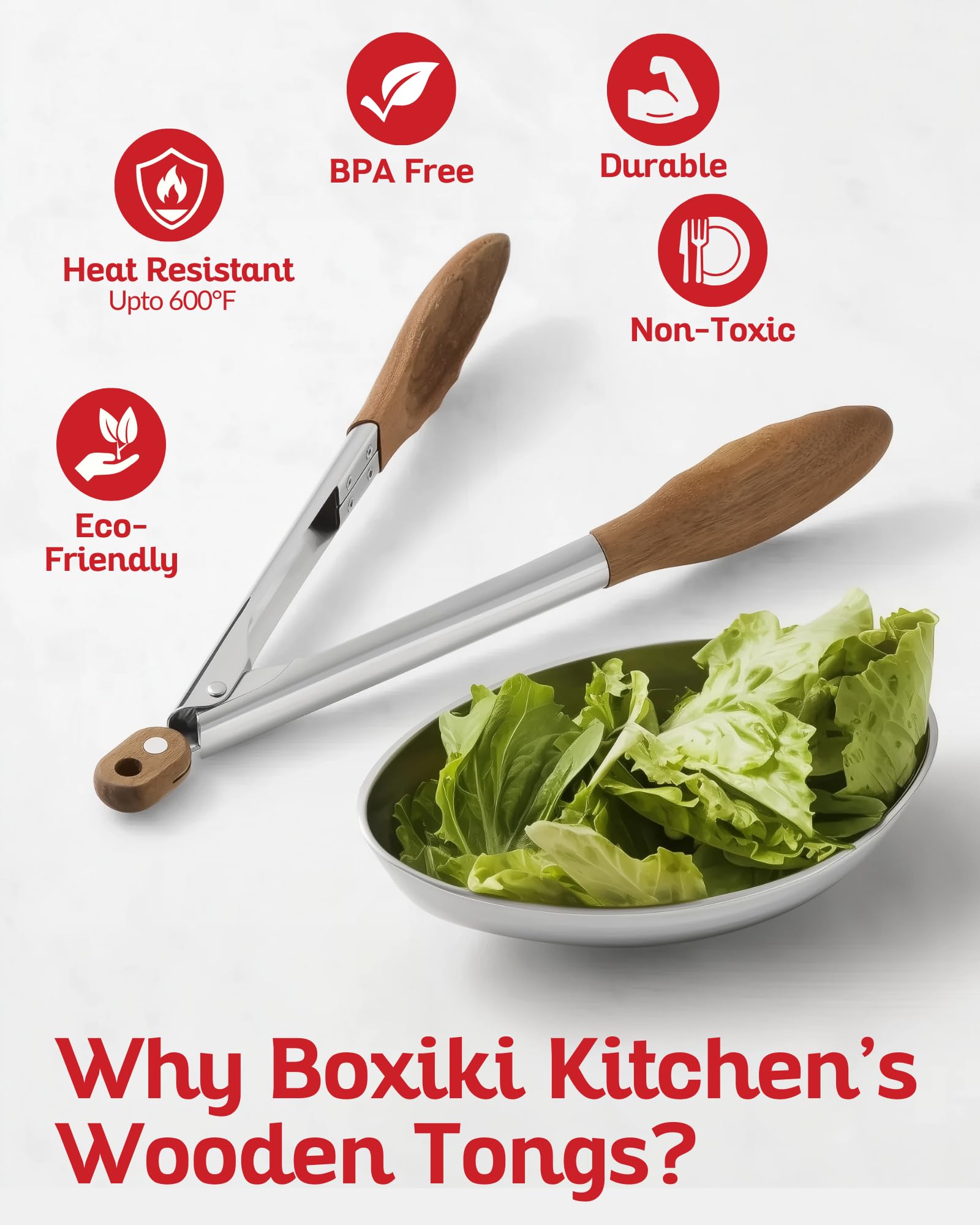 Boxiki Kitchen tongs serving a fresh salad to enhance presentation