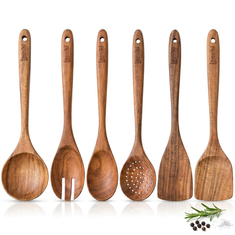 Boxiki Kitchen front packaging showing six-piece teak utensil set and gift-ready look