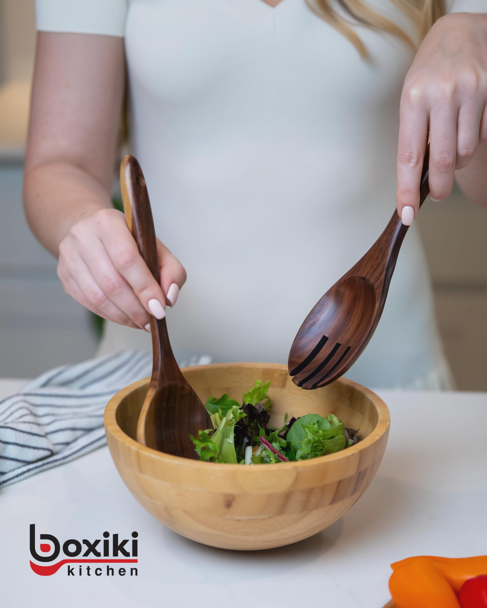 Boxiki Kitchen utensils hung by holes demonstrating easy storage and air-dry benefit