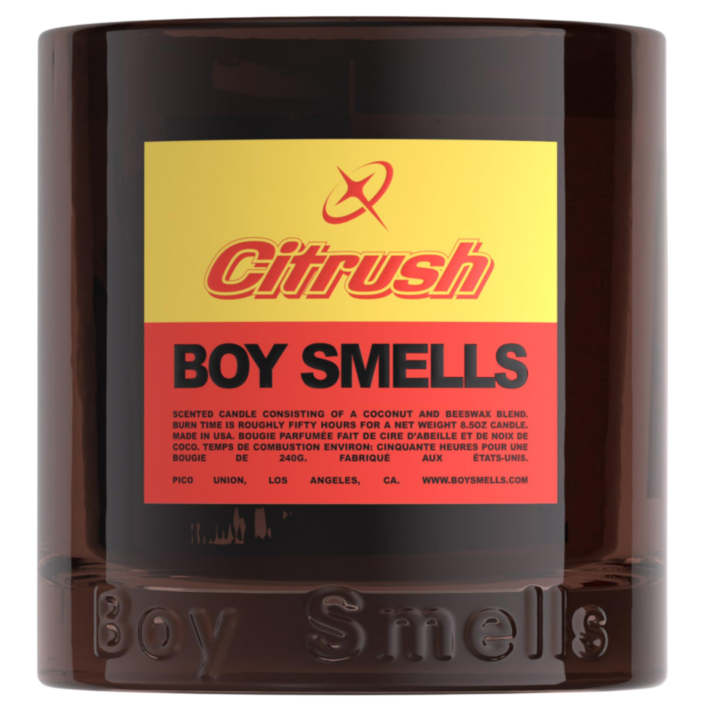 Boy Smells Citrush front glass jar showing sleek design and bright label, enhances decor