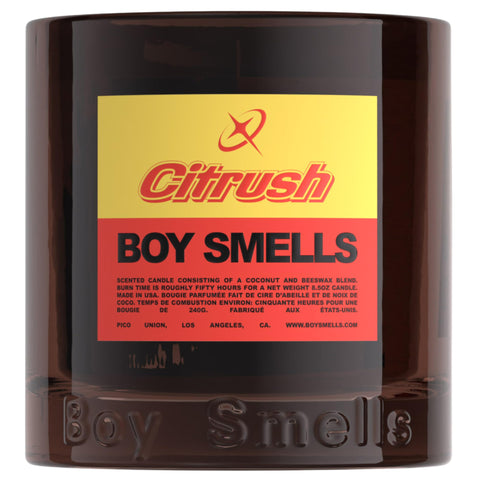 Boy Smells Citrush front glass jar showing sleek design and bright label, enhances decor
