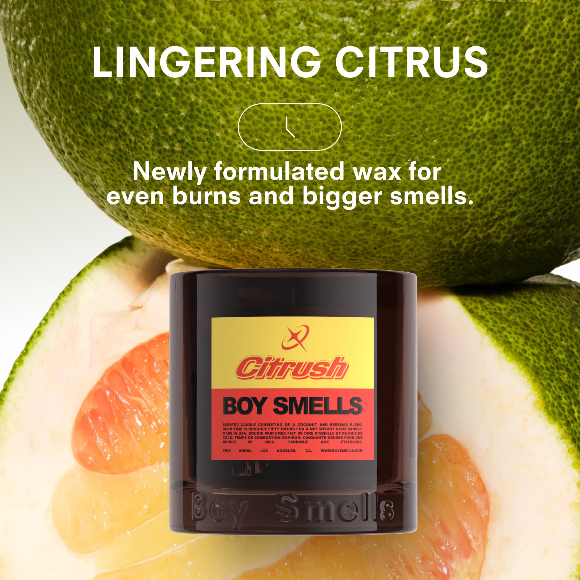 Boy Smells Citrush label detail with scent notes visible, communicates premium fragrance