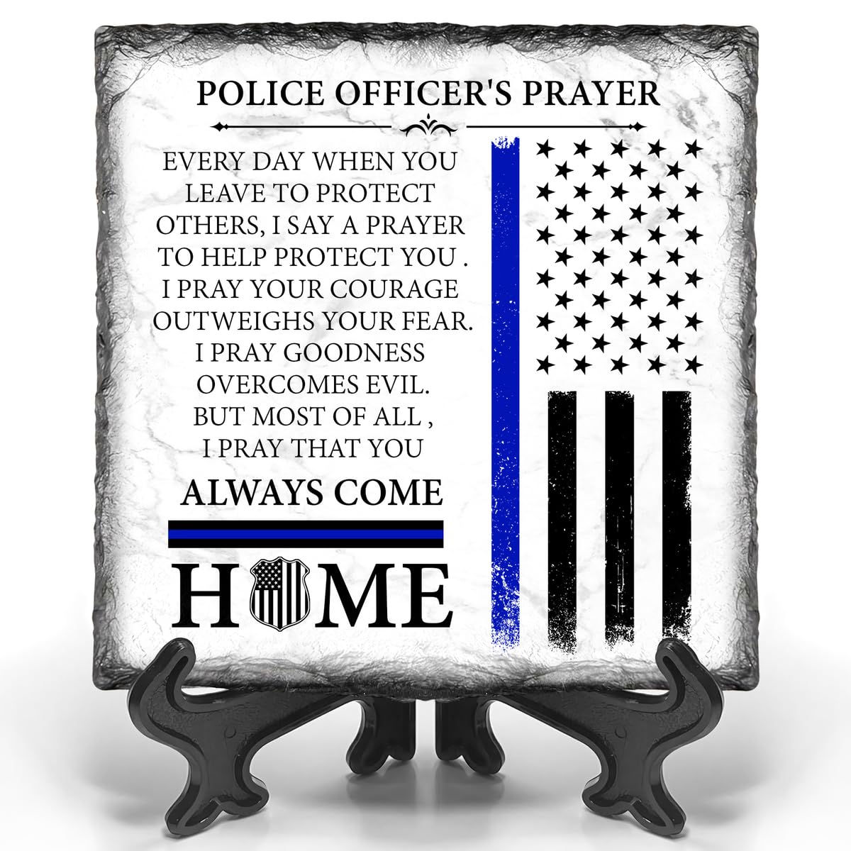 Bozspacer front view of prayer plaque showing full message and flag, honors officers
