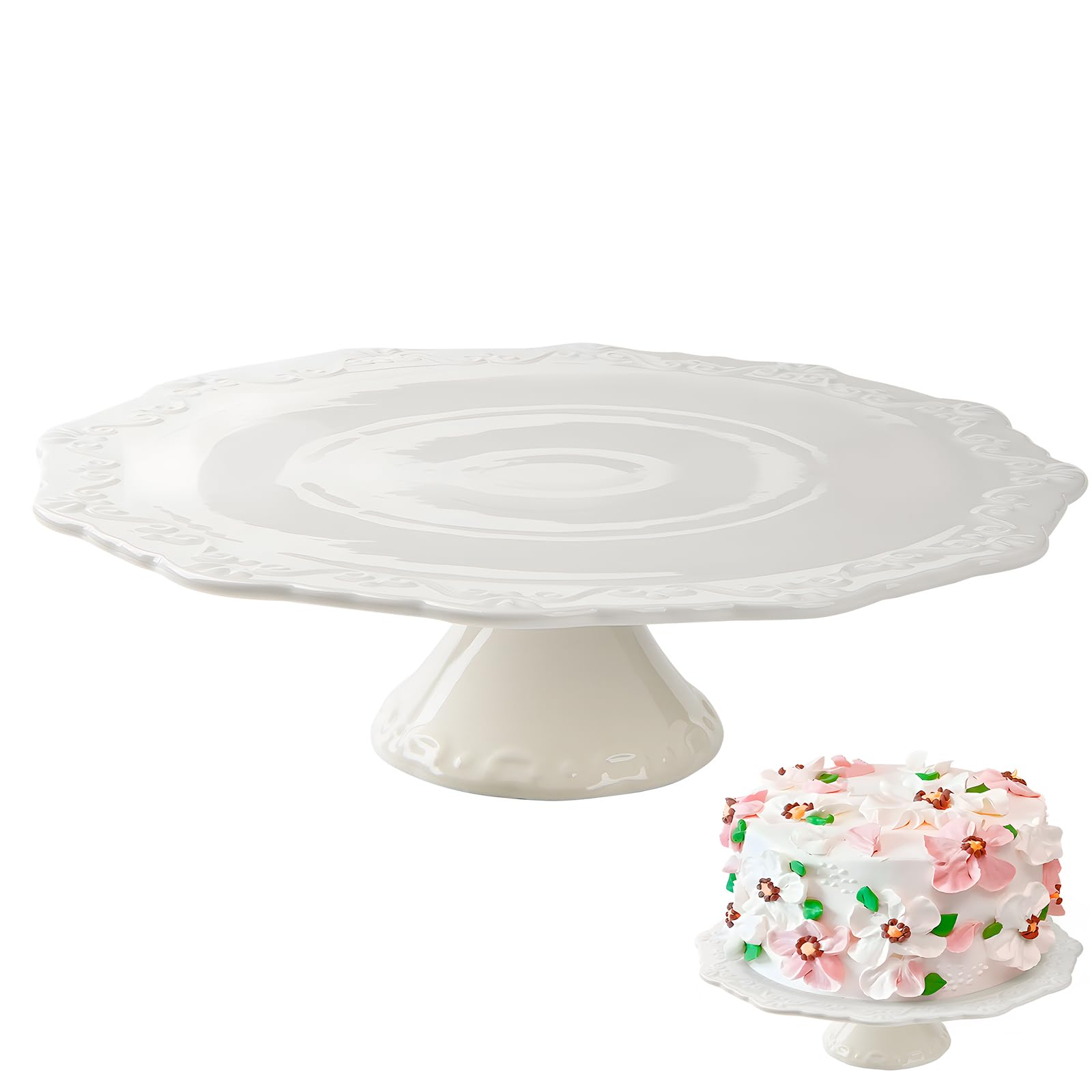 BPFY front view of white ceramic cake stand showcasing elegant display benefit