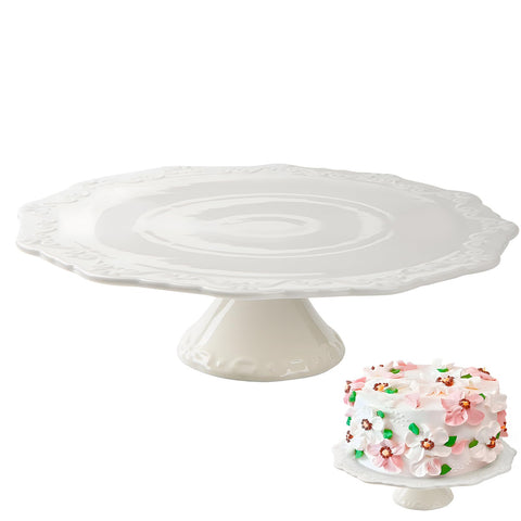 BPFY front view of white ceramic cake stand showcasing elegant display benefit