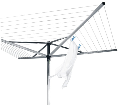 Brabantia Topspinner folded for storage on a wall hook demonstrating compact convenience