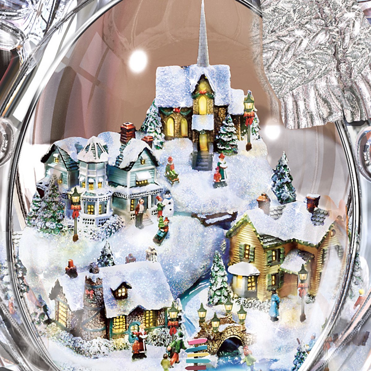 The Bradford Exchange snowman side view showing miniature train motion and glowing village