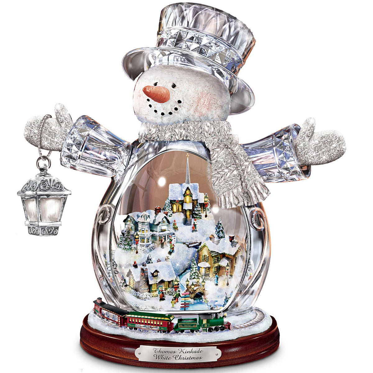 The Bradford Exchange Thomas Kinkade crystal snowman front view showcasing radiant cut crystal