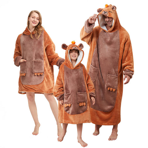 BRAFFWNE front view of capybara hoodie blanket showing cozy fit and playful design