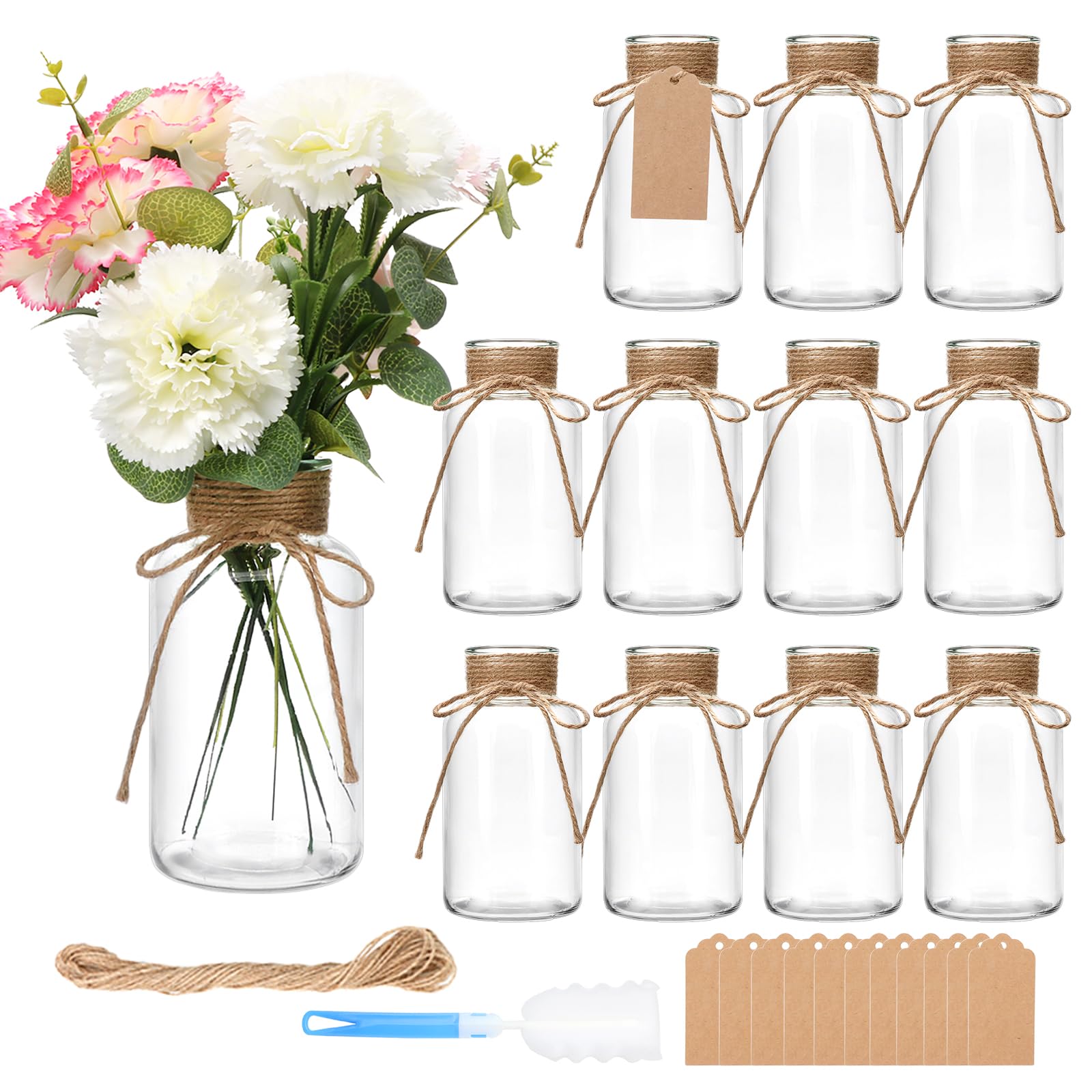 Brajttt front view of 12 glass vases showing uniform set and clear glass benefit