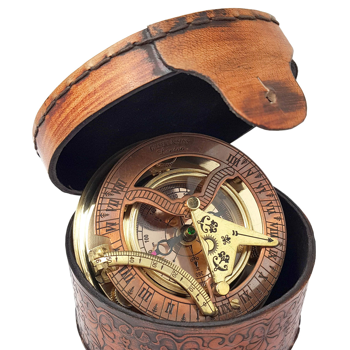 Brass Nautical front view in leather box showcasing gift presentation and quality
