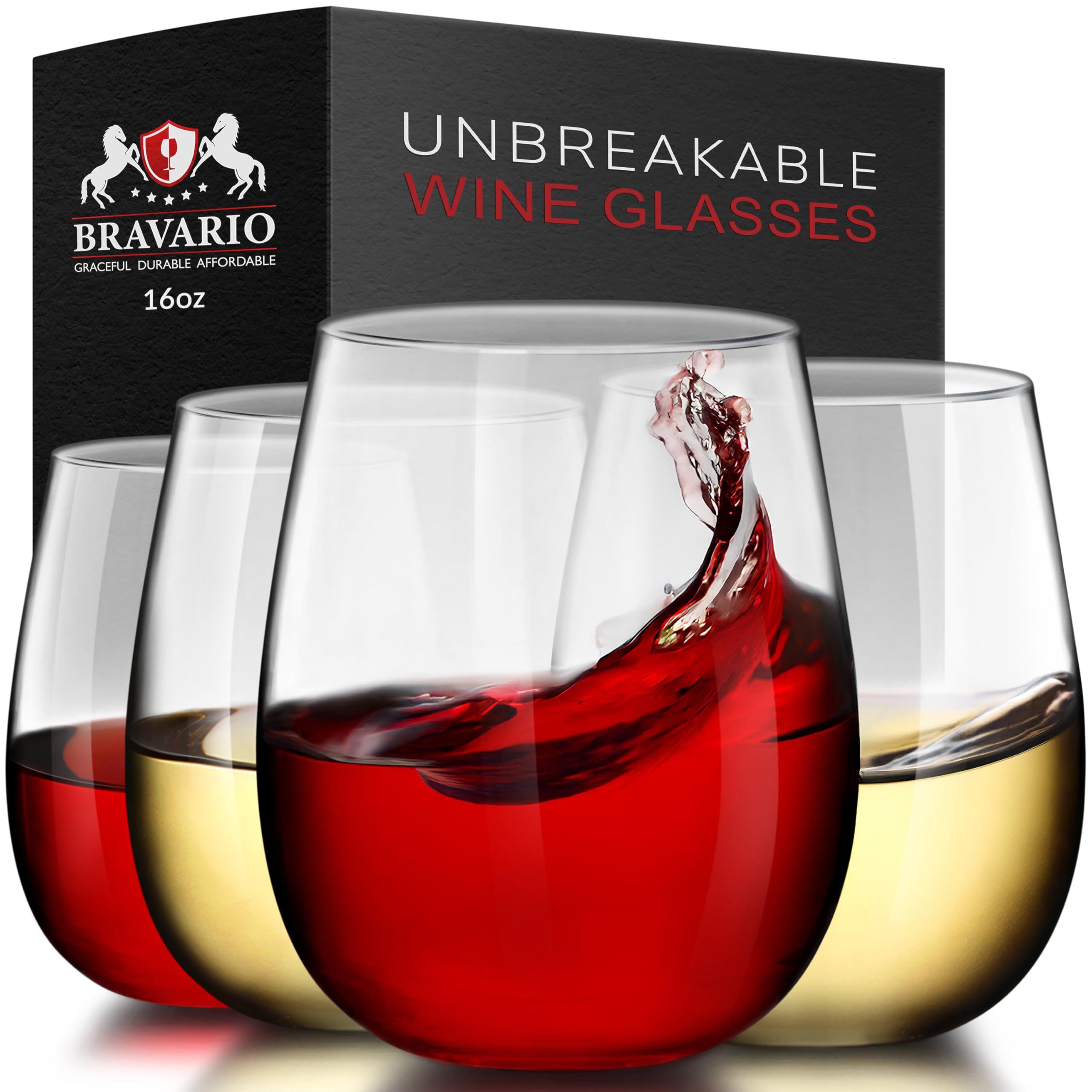 Bravario front view of stemless wine glasses showing elegant look and durability
