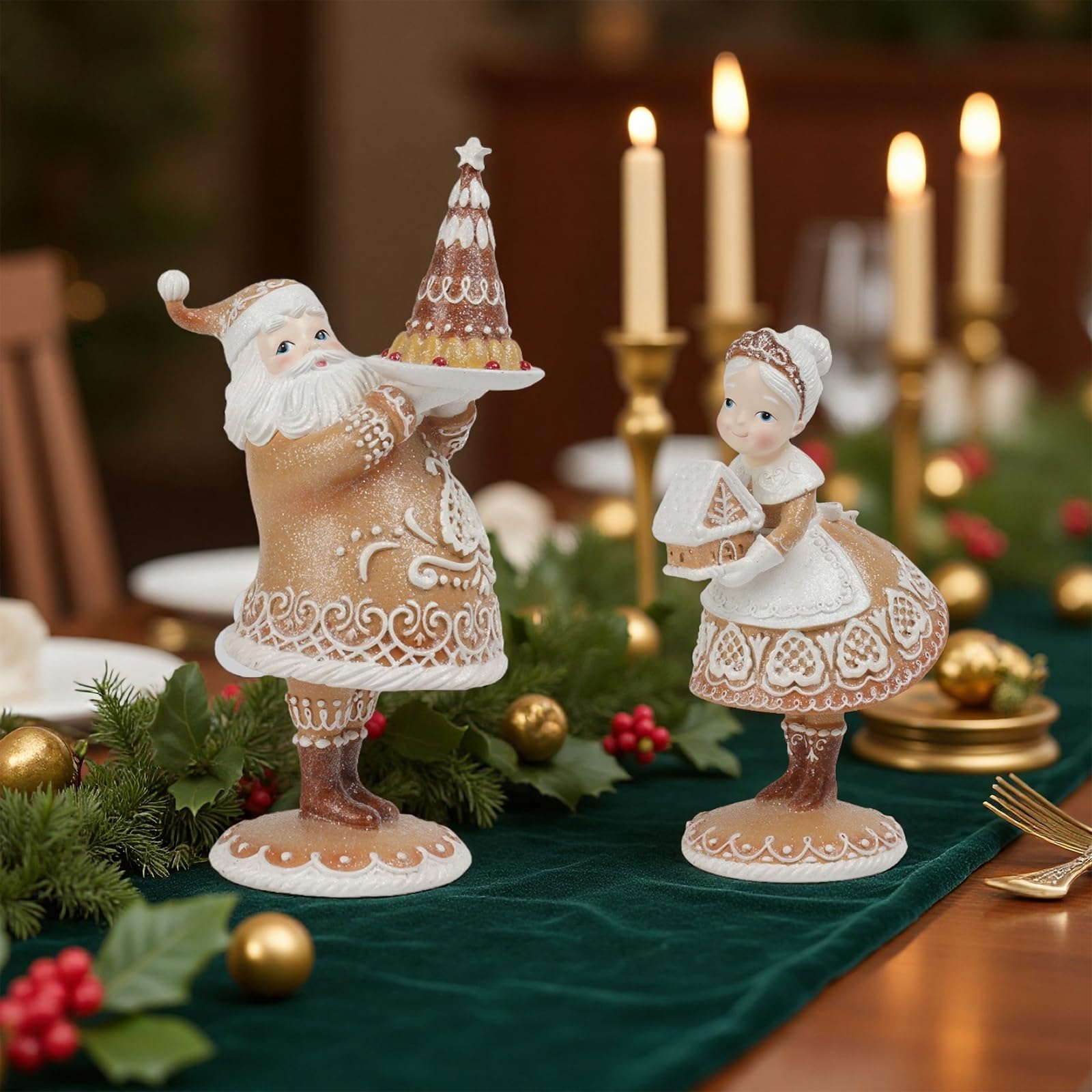 Braxio gingerbread Santa on mantel with garland for warm holiday styling