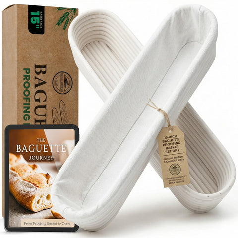 Bread Experience front packaging showing two 15-inch baguette baskets and eBook benefit