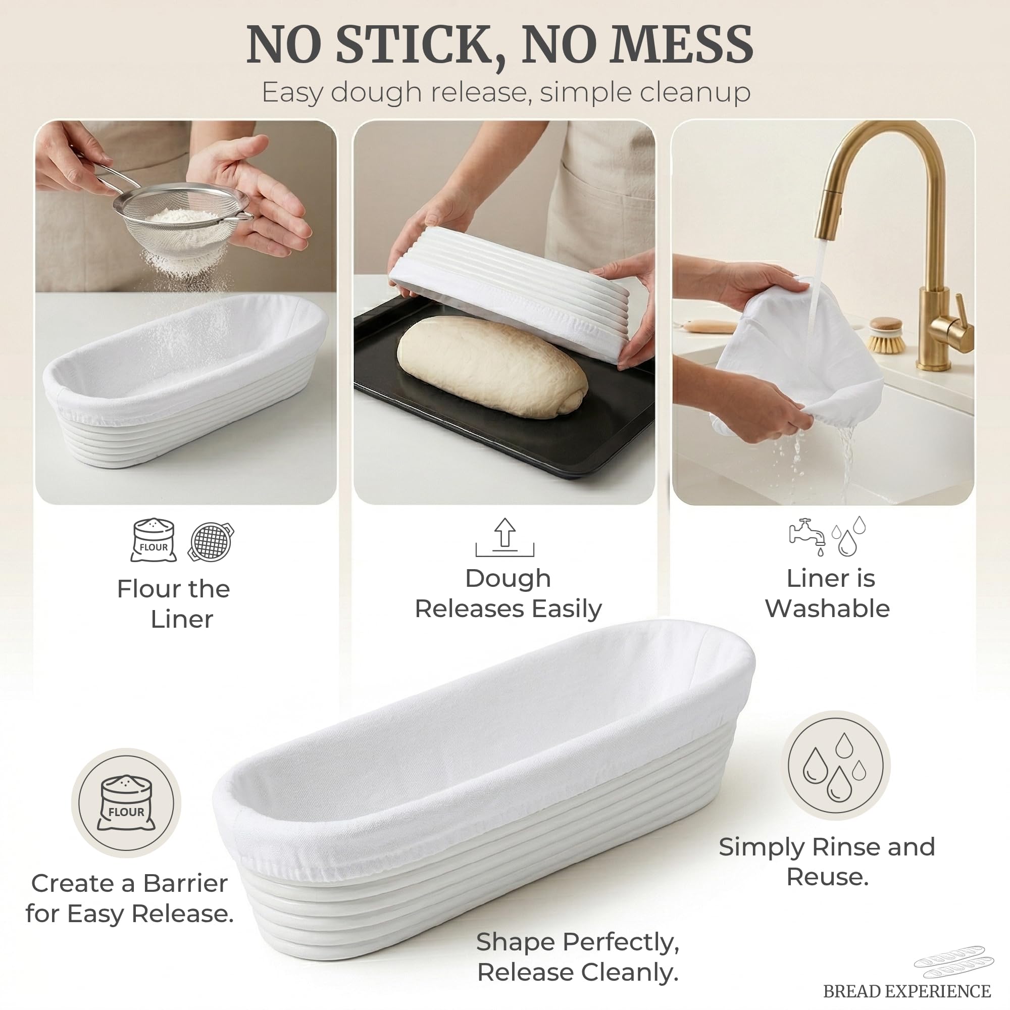 Bread Experience basket beside ruler showing 15-inch size and fit benefit