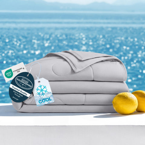 Breescape front view of Misty Gray comforter showing full coverage benefit