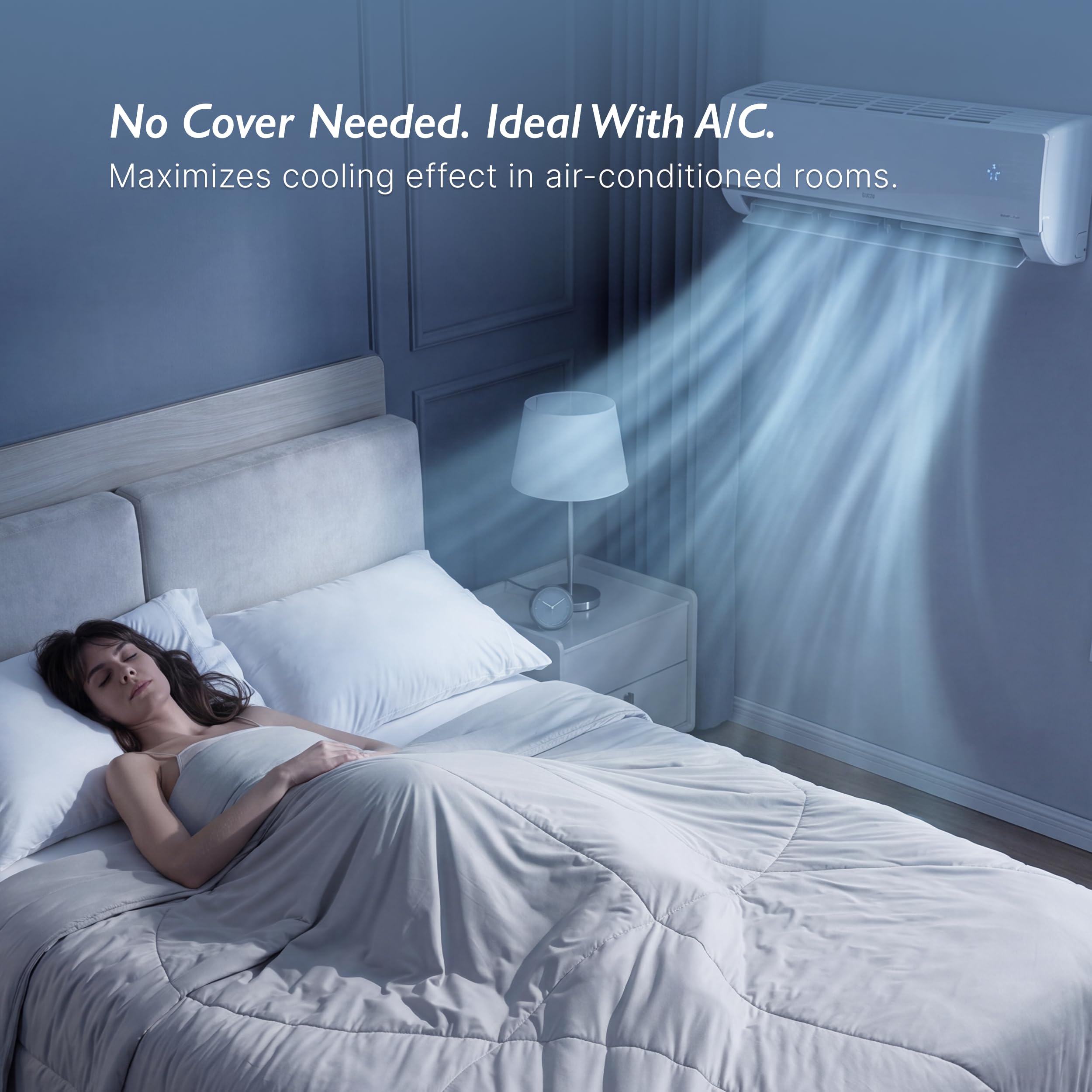 Breescape comforter next to mattress demonstrating generous king size coverage