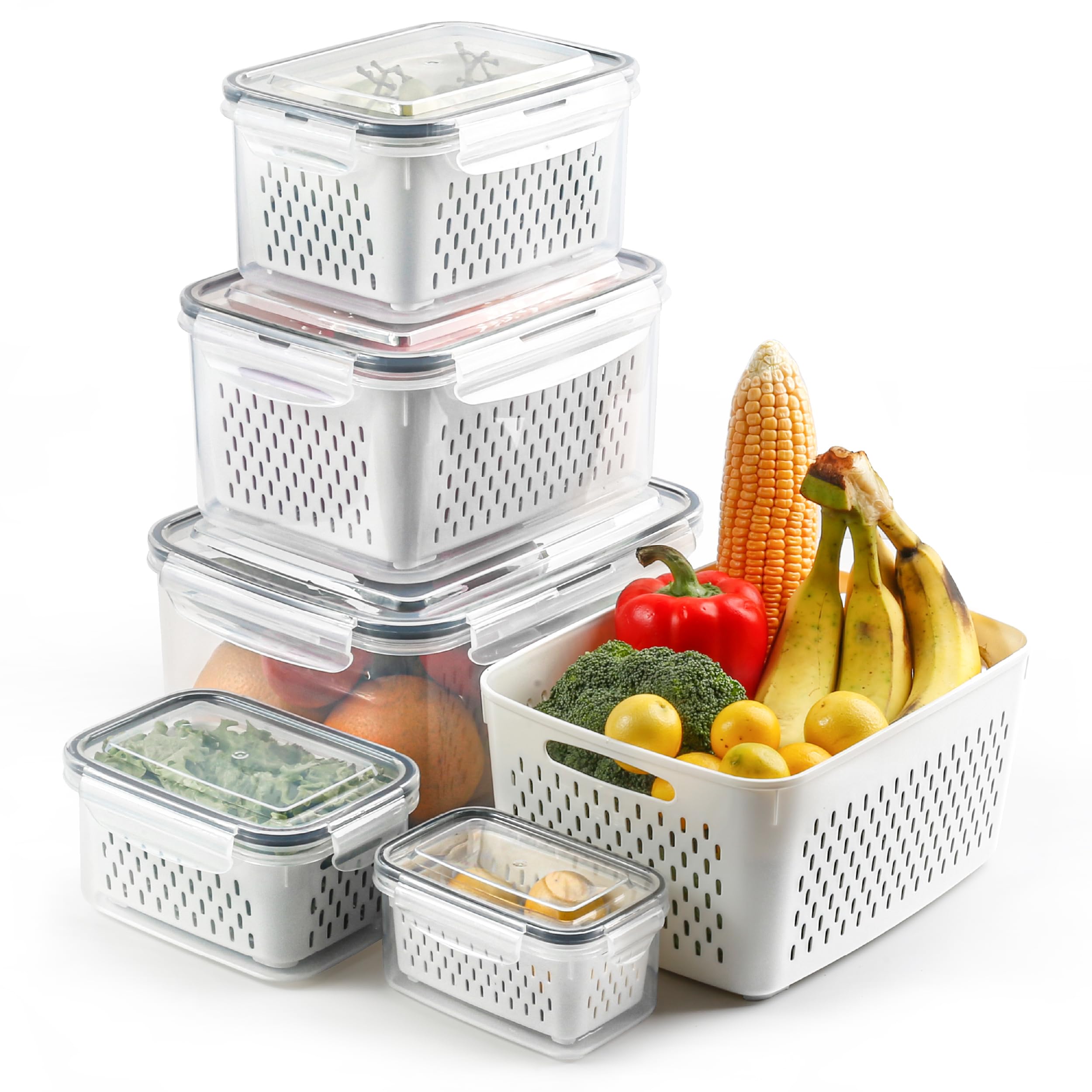BreezyHome front packaging set showing five fridge storage containers keeps produce visible