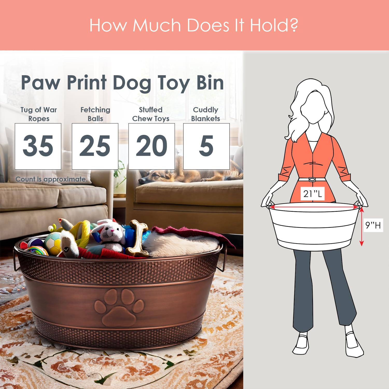 BREKX bin filled with dog toys for organized easy-access benefit