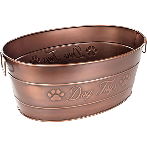 BREKX front view of copper toy bin showing embossed Dog Toys benefit durability