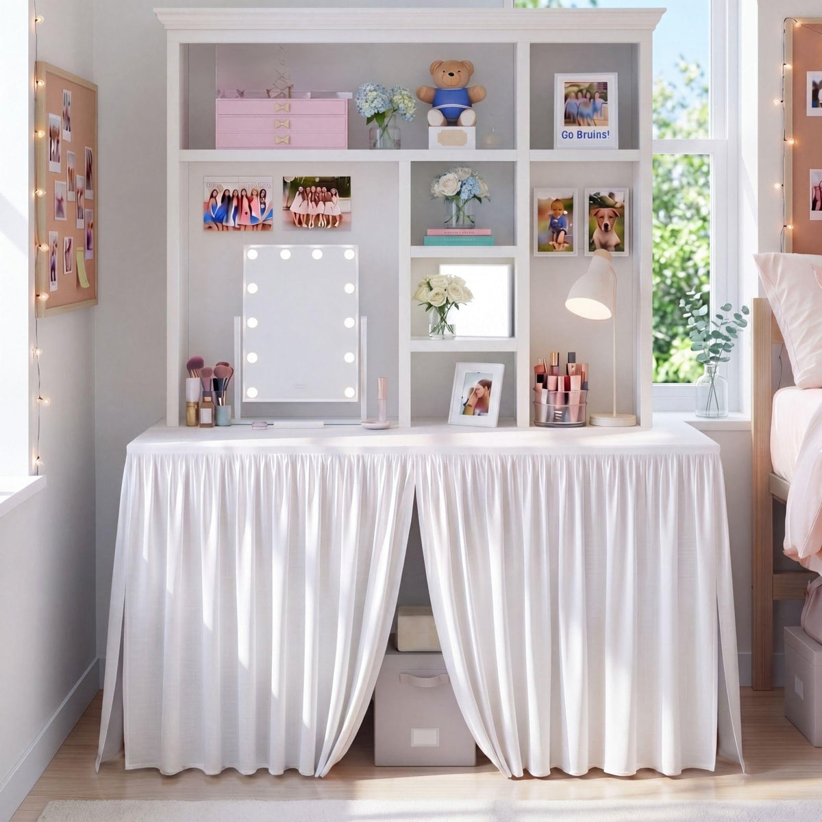 Breling front view of white desk skirt creating tidy workspace appearance