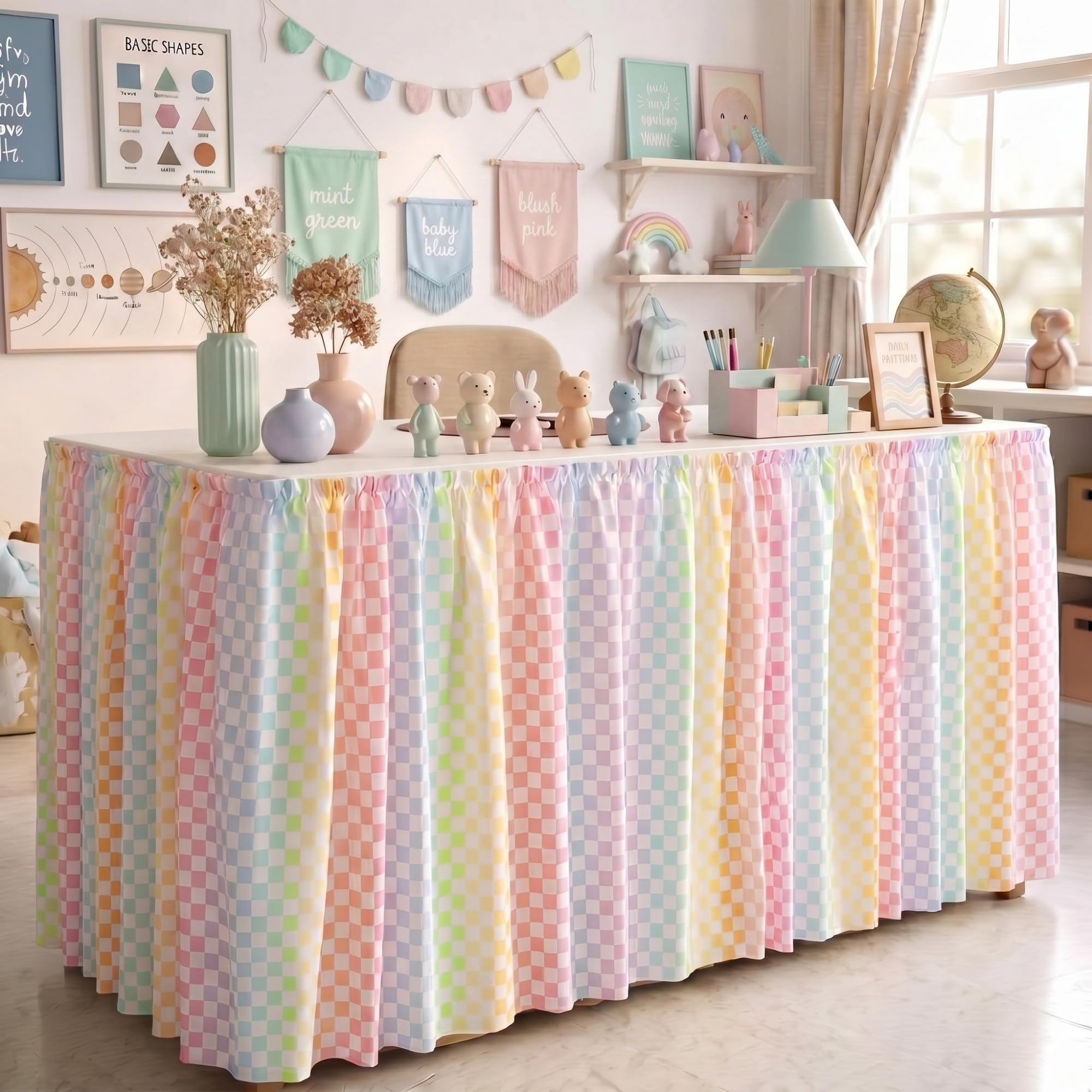 Breling front view pastel checkered desk skirt showing tidy front and hidden storage