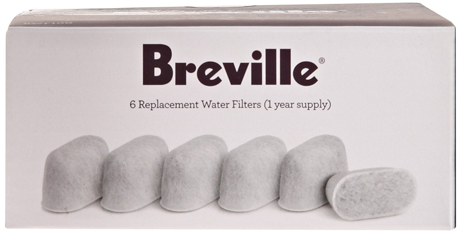 Six Breville filters beside a ruler showing scale and compact size for easy storage