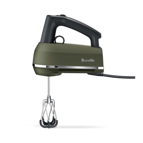 Breville handheld mixer front view in Olive Tapenade showcasing compact design and style