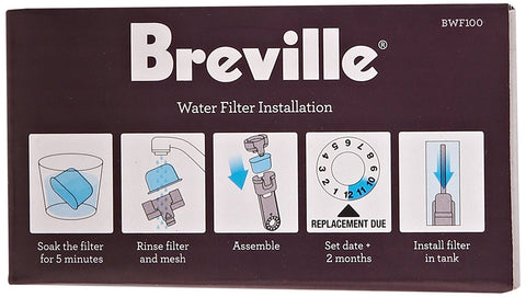 Kitchen scene with Breville espresso machine and filters conveying cleaner-tasting coffee benefits