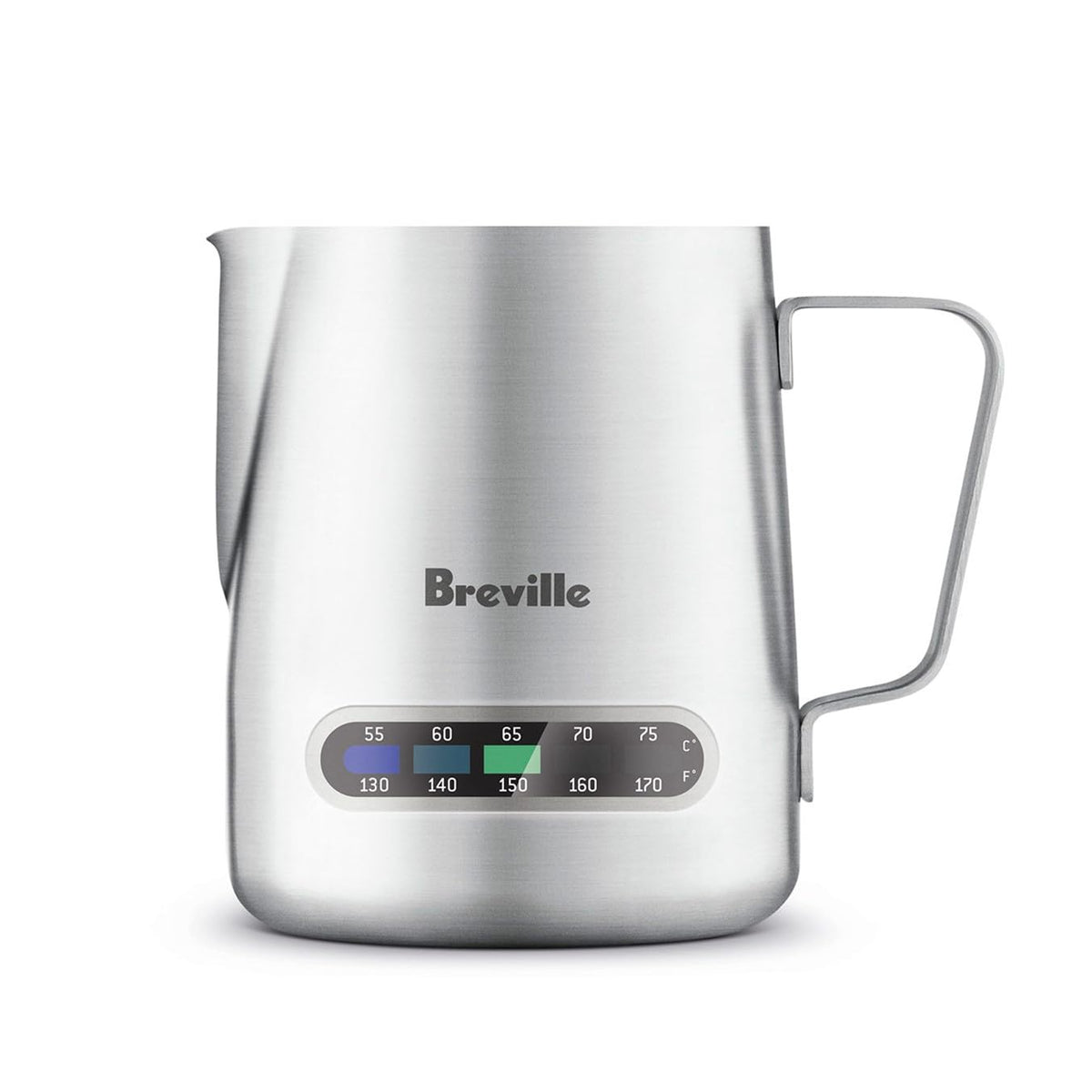 Breville milk jug front view showing stainless steel and ergonomic handle benefit: durability
