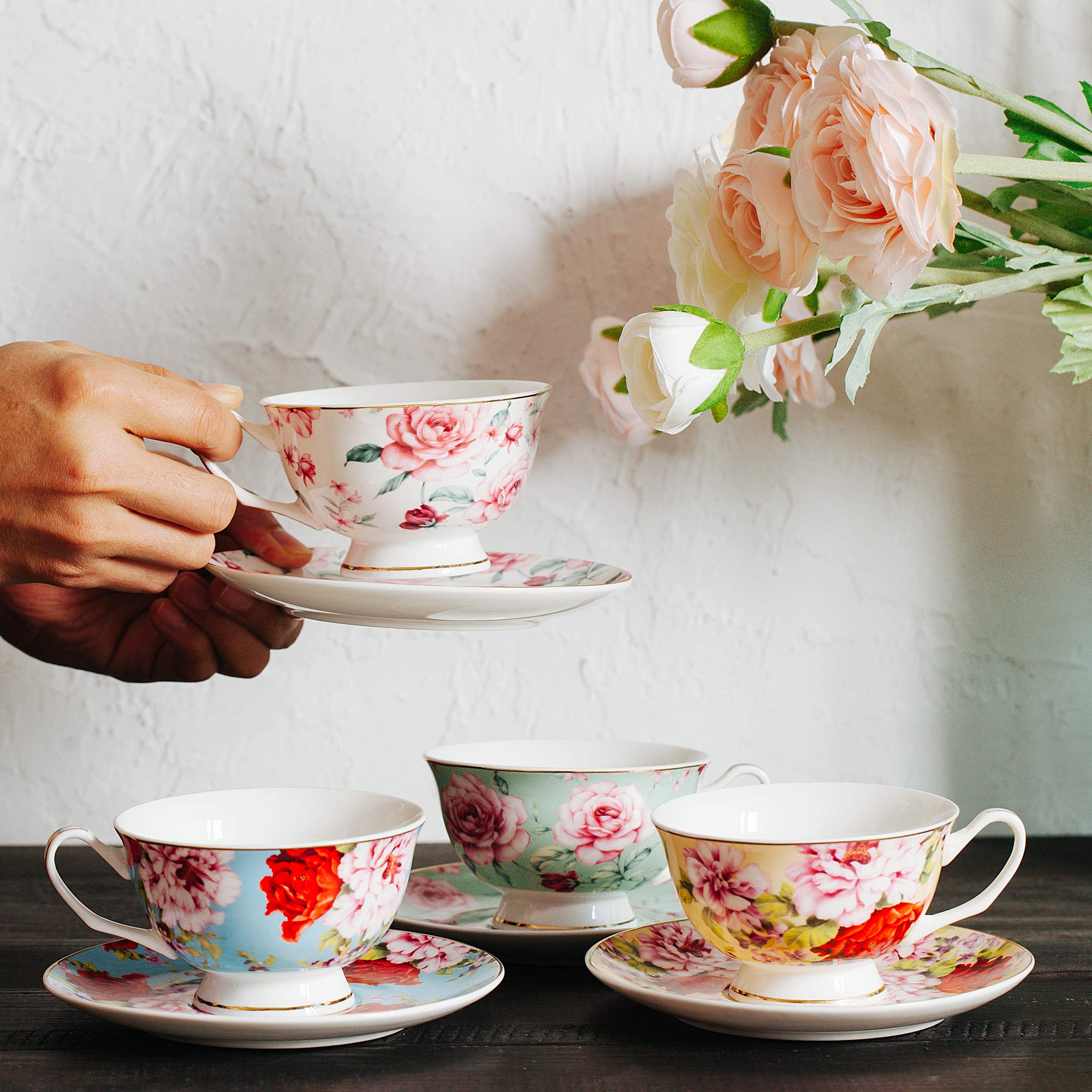 Brew To A Tea floral pattern closeup displaying vibrant roses and color contrast