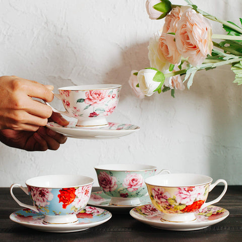 Brew To A Tea floral pattern closeup displaying vibrant roses and color contrast