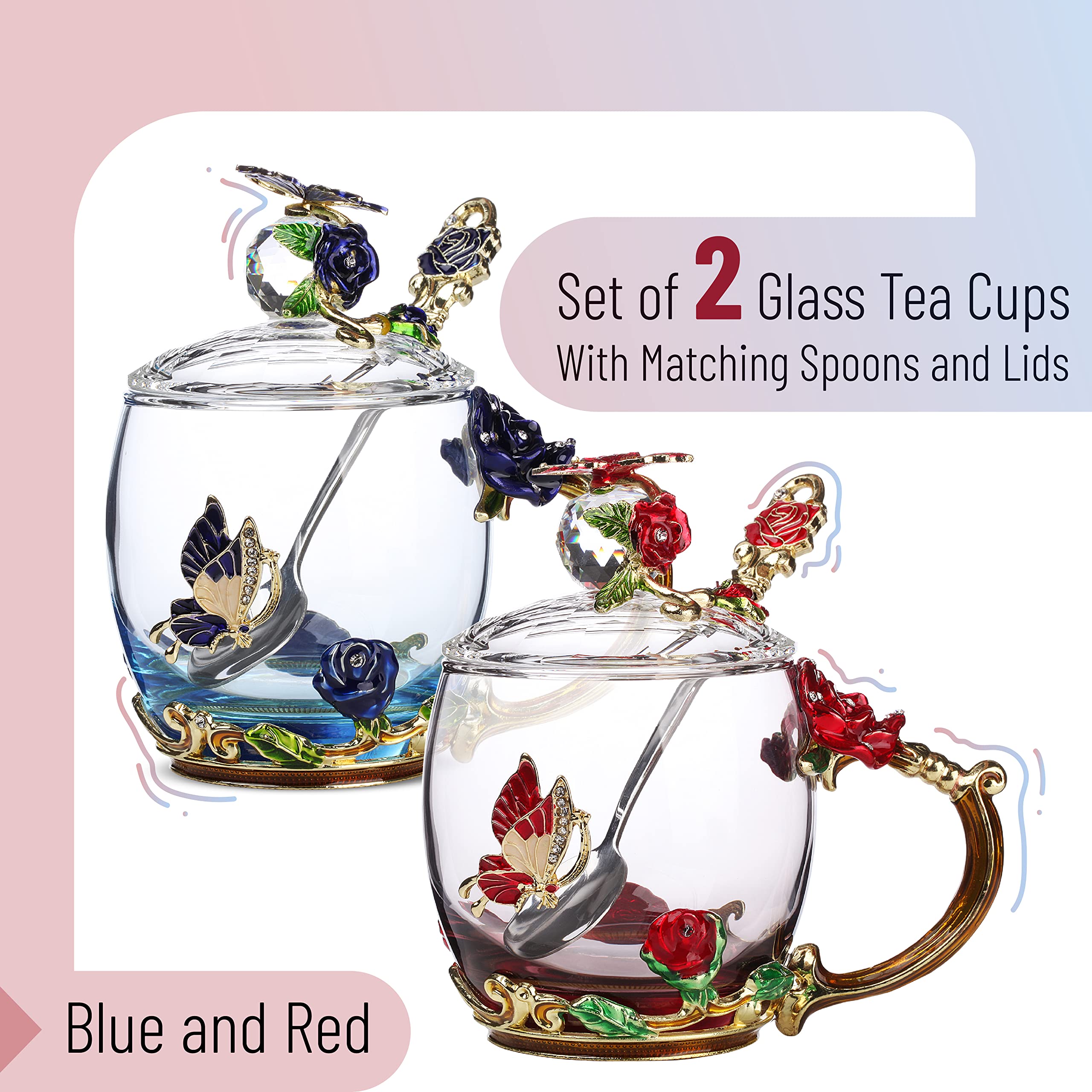 Brew To A Tea close-up butterfly detail on the glass cup emphasizing decorative appeal