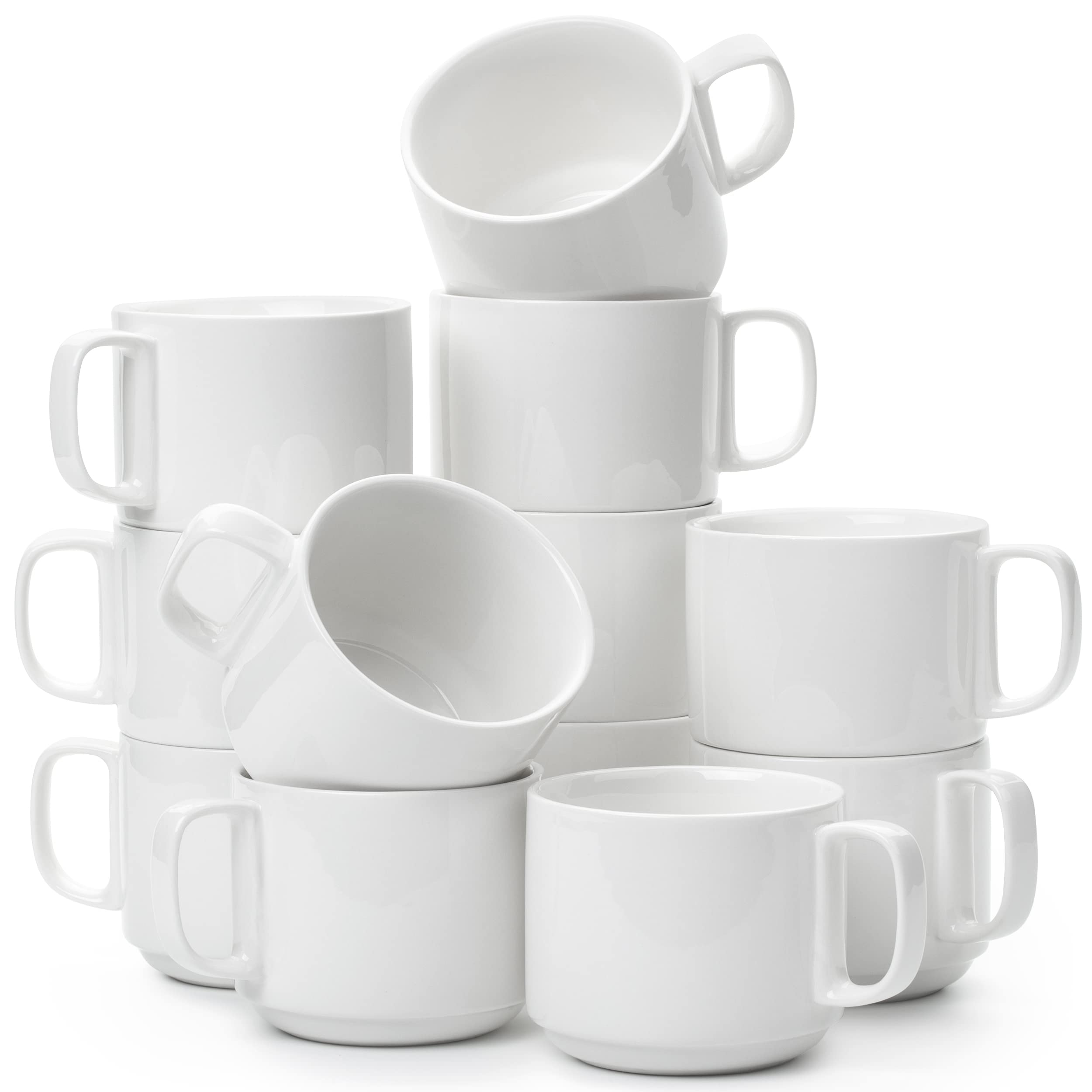 Brew To A Tea front view of 12 white porcelain mugs showing clean design and storage benefit